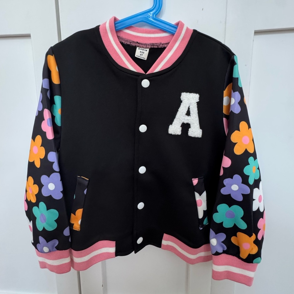 NWOT SHEIN 6Y Black Floral Sleeve Varsity Jacket with Pink Trim